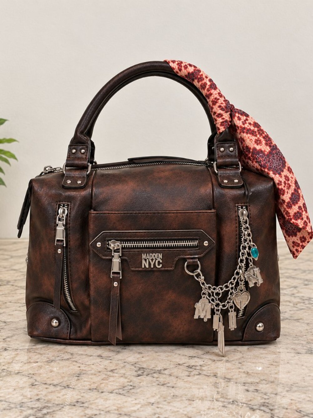 Madden NYC Brown Distressed Satchel Bag w/ Charms - Picture 3 of 7